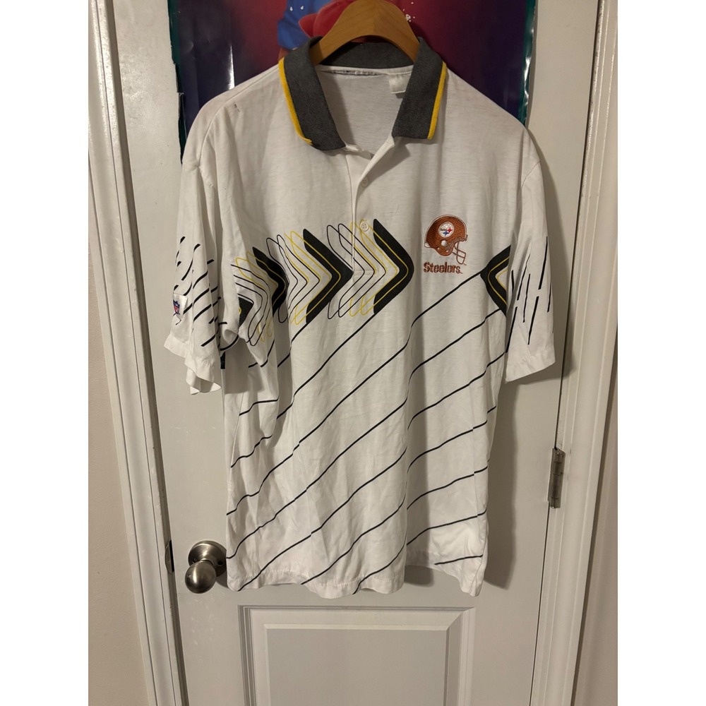 Vintage Team NFL Pittsburgh Steelers Polo Shirt White Graphic Mens Medium M